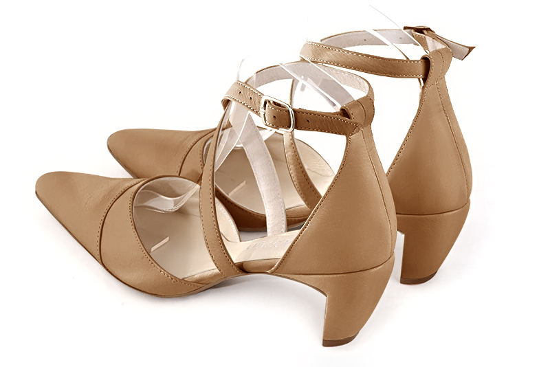Camel beige women's open side shoes, with crossed straps. Tapered toe. Medium comma heels. Rear view - Florence KOOIJMAN